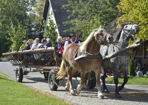 Touring Chmielno in a Kashubian haycart at Europe Camp 2012.